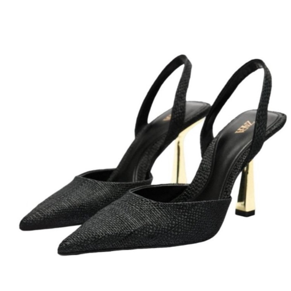 ZARA Black Pointed Toe Gold heel